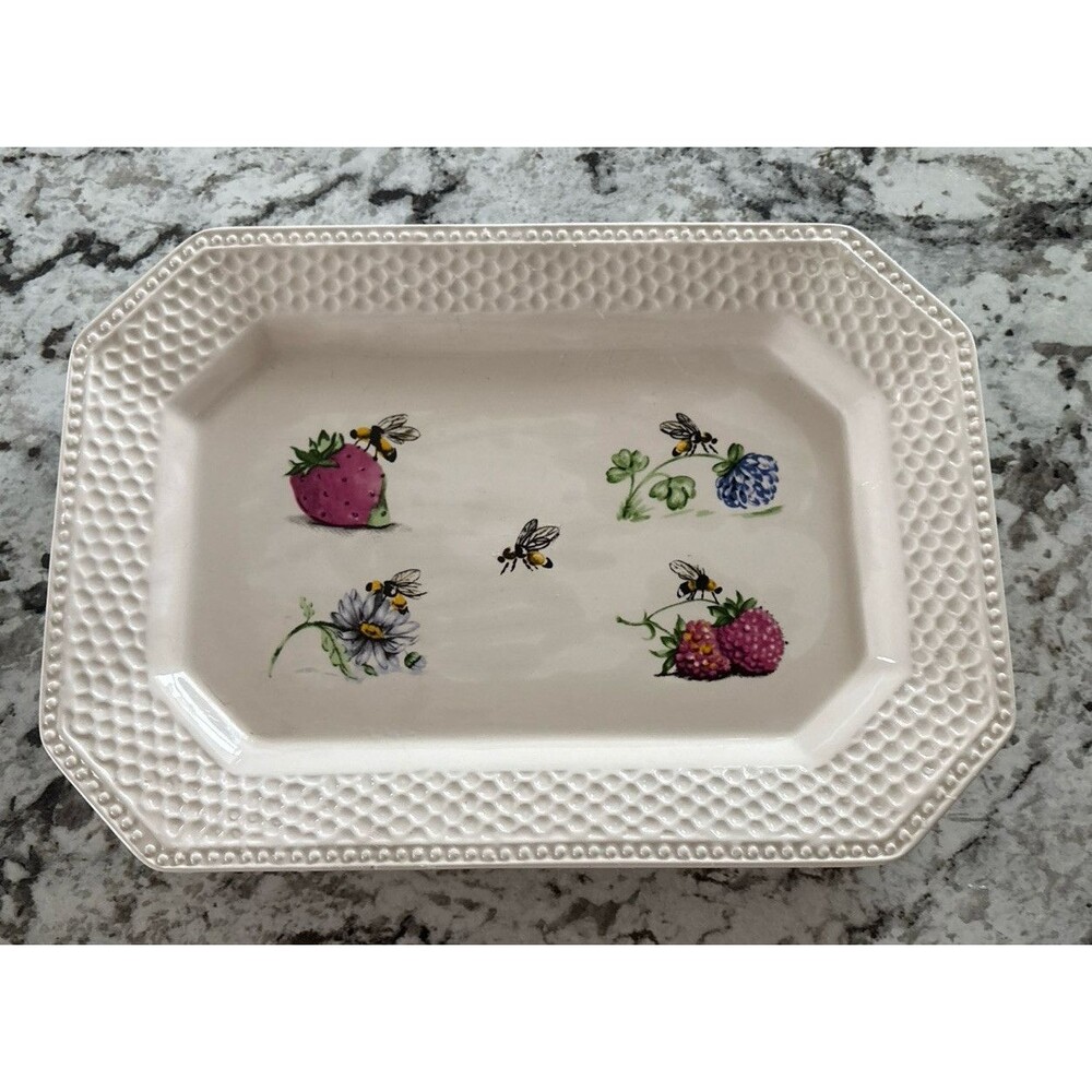 VTG Global Design Kate Williams Ceramic Rectangle Strawberry Bee Serving Platter